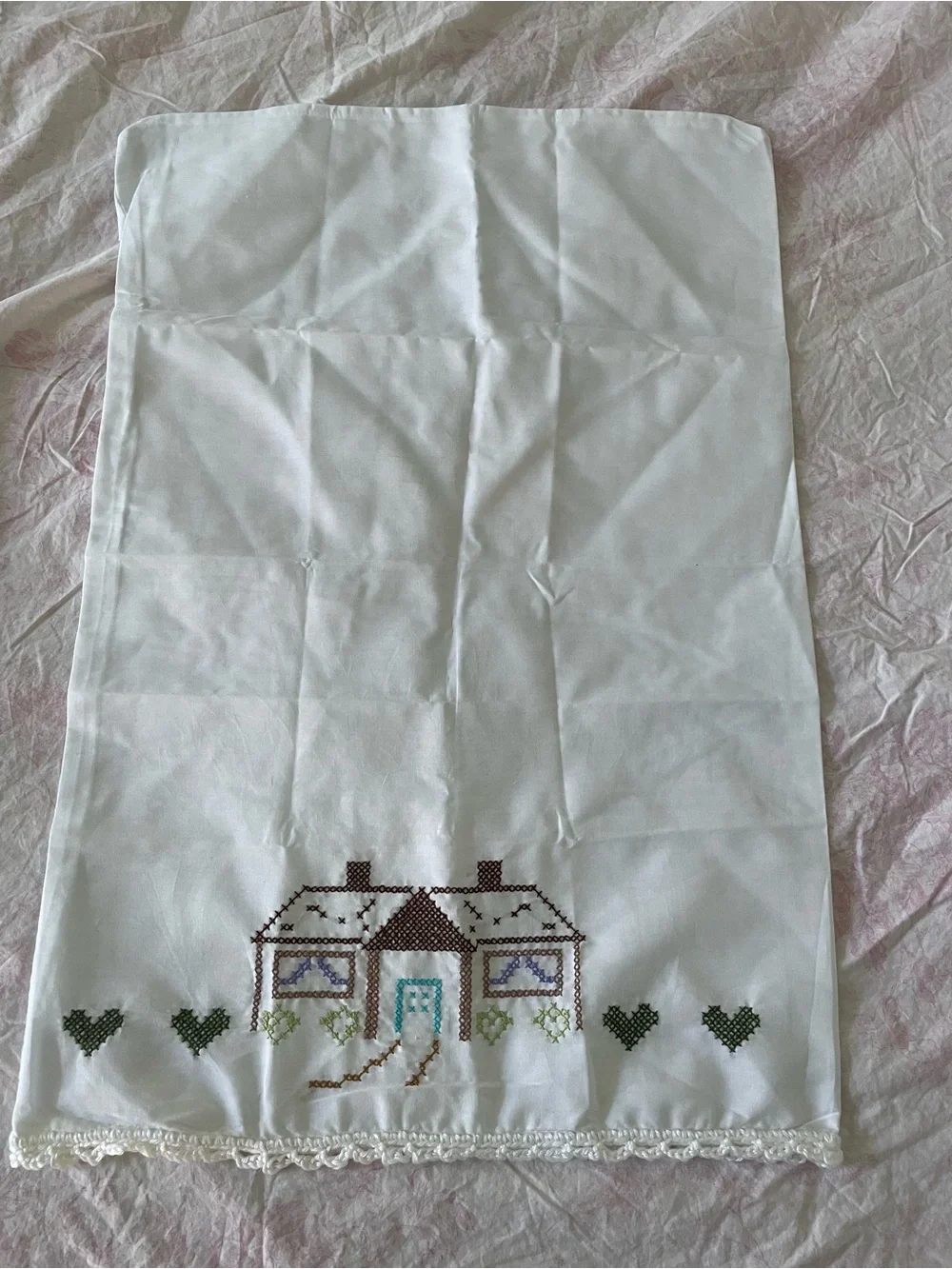 Grannycore Hand Cross-stitched House pillowcase set with crocheted trim